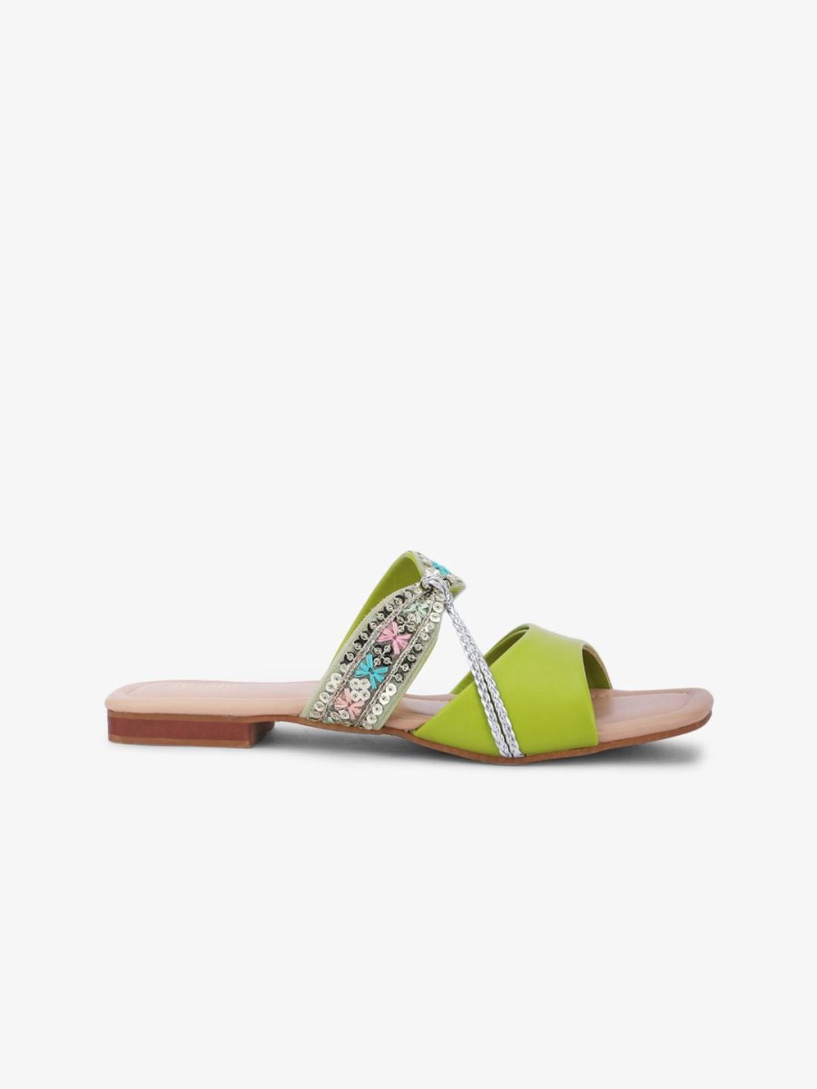Dhiyona AK Green & Silver-Toned Embroidered Open Toe Flats