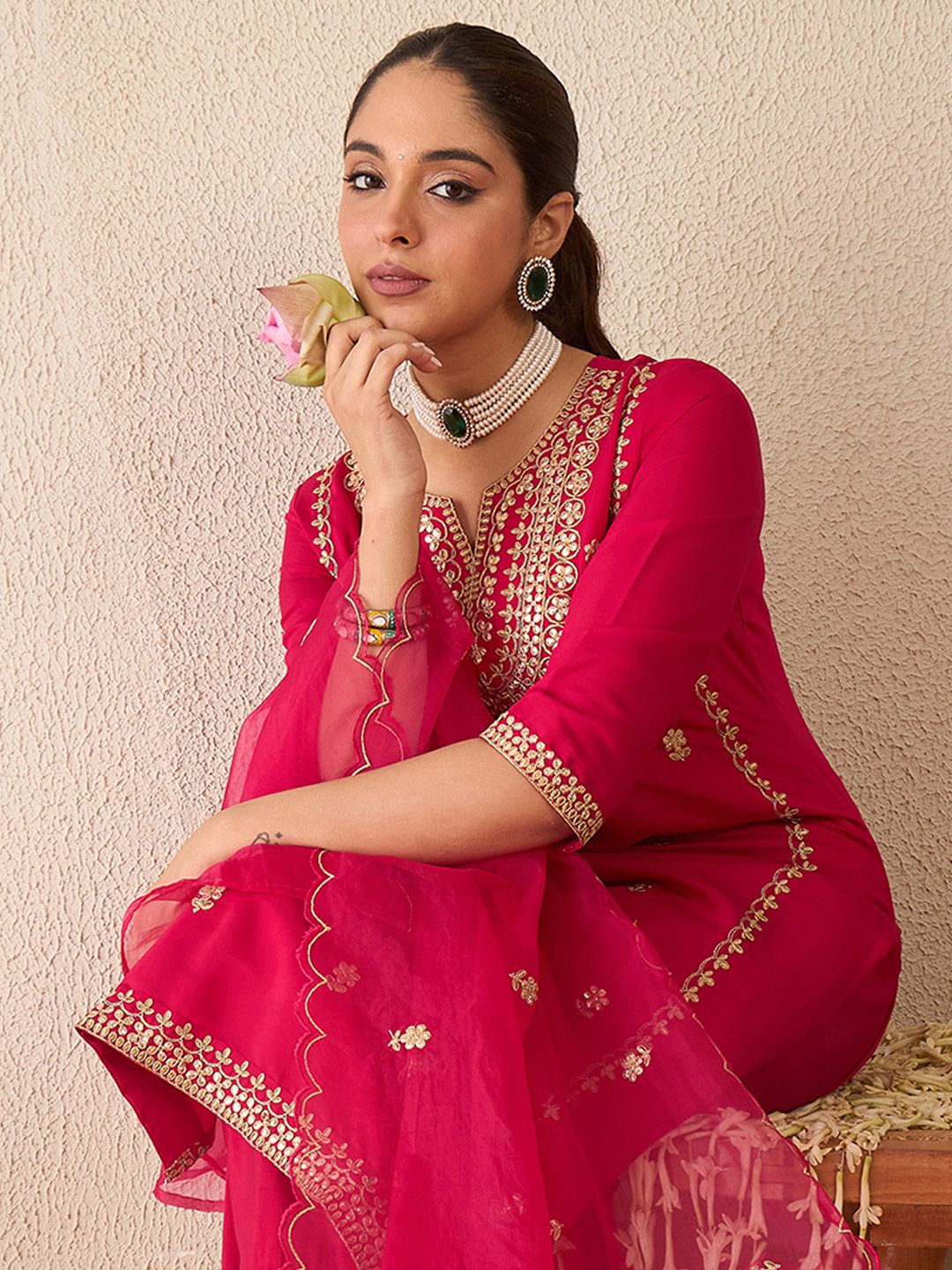 Dhiyona IE Embroidered Gotta Patti Work Notch Neck Kurta With Trousers & Dupatta