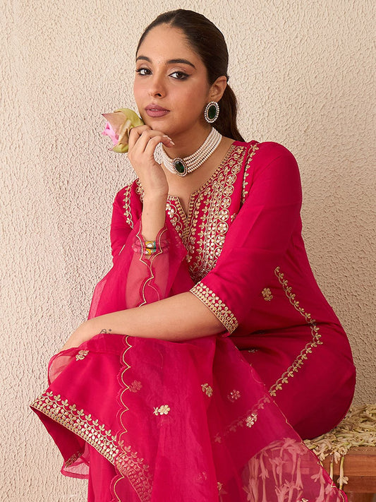 Embroidered Gotta Patti Work Notch Neck Kurta With Trousers & Dupatta