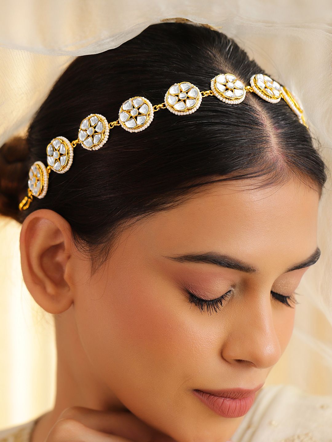 Dhiyona RJ Women's 18K Gold-Plated Kundan & Pearl Beaded Matha Patti Head Jewellery