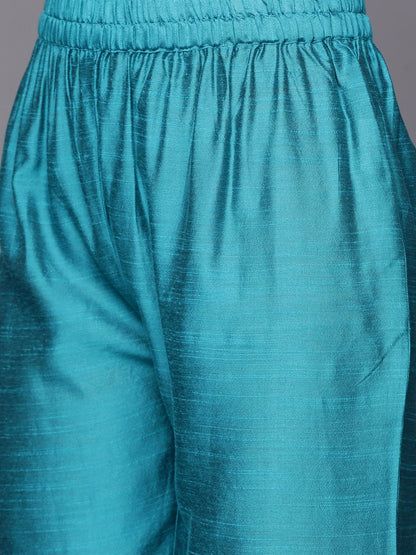 Dhiyona VA Women'sTurquoise Blue Thread Embroidered Yoke Kurta with Trouser with Printed Dupatta