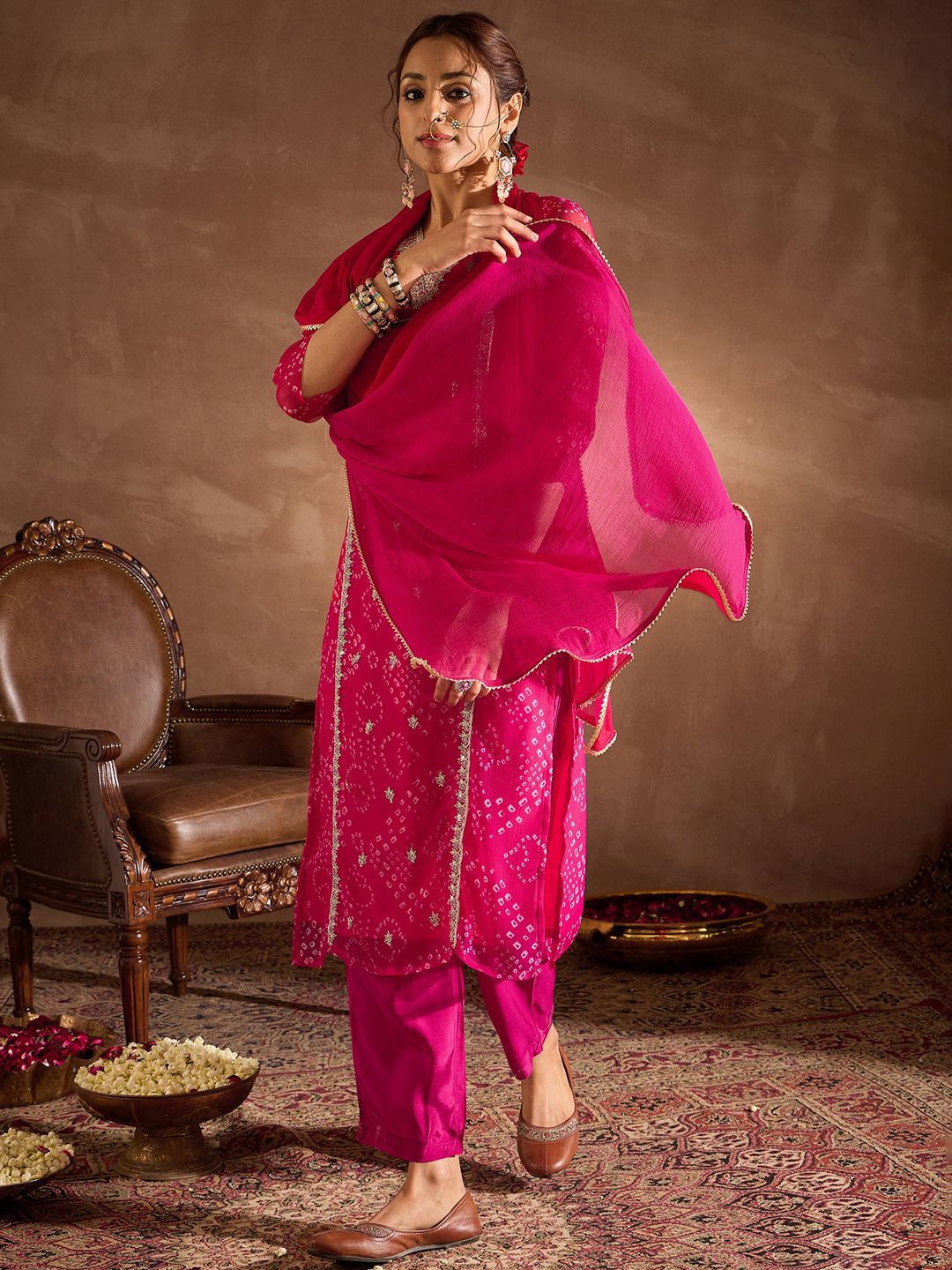 Dhiyona IE Floral Embroidered V-Neck Sequinned Cotton Straight Kurta With Trousers & Dupatta