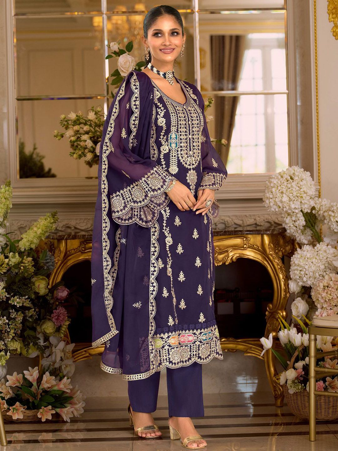 Dhiyona IE Women's Ethnic Motifs Embroidered Zari Organza Straight Kurta & Trousers With Dupatta