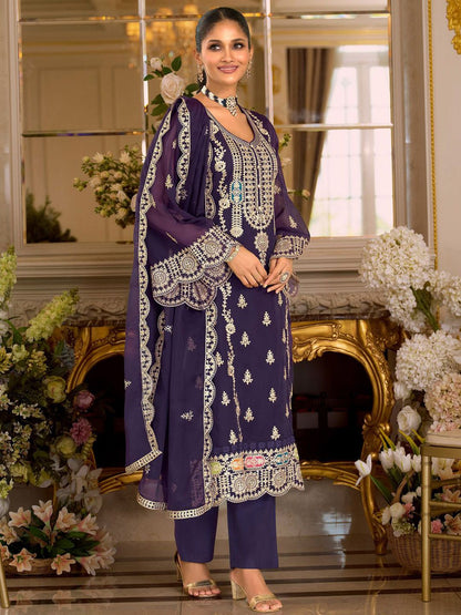 Dhiyona IE Women's Ethnic Motifs Embroidered Zari Organza Straight Kurta & Trousers With Dupatta
