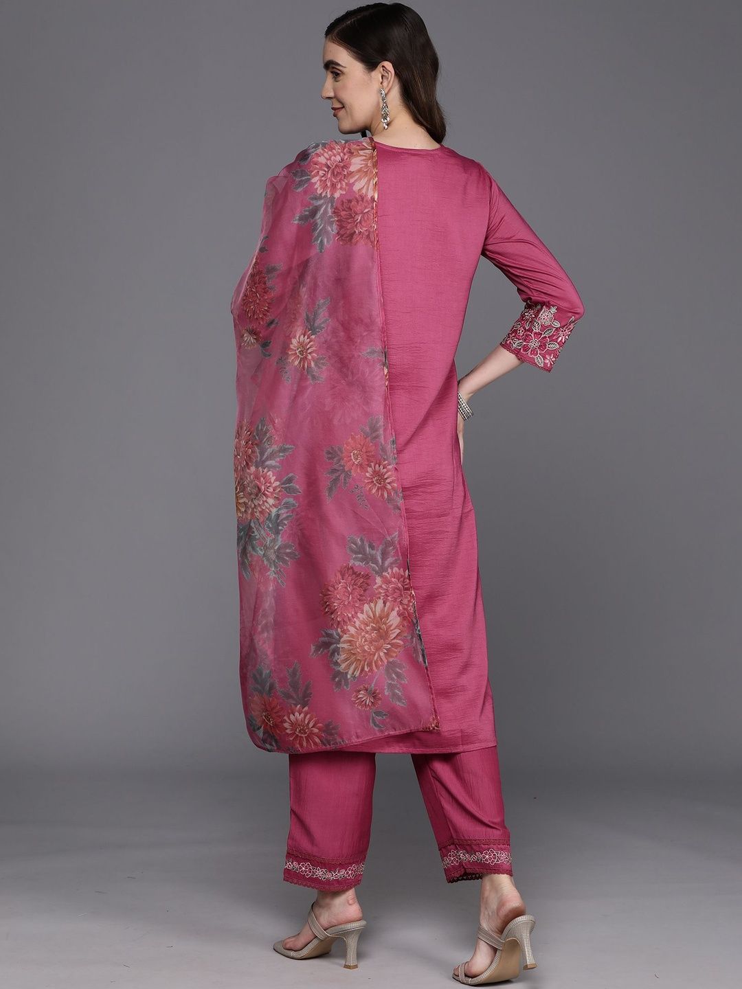 Floral Embroidered Notch Neck Straight Thread Work Kurta With Trouser & Dupatta