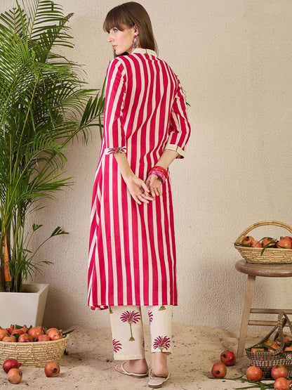 Dhiyona IE Printed Mandarin Collar A-Line Pure Cotton Tunic with Trousers