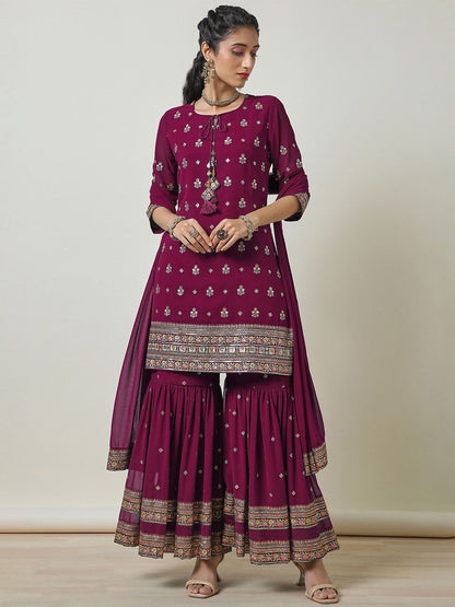Dhiyona SO Women's Women Printed Regular Thread Work Kurta with Sharara & With Dupatta