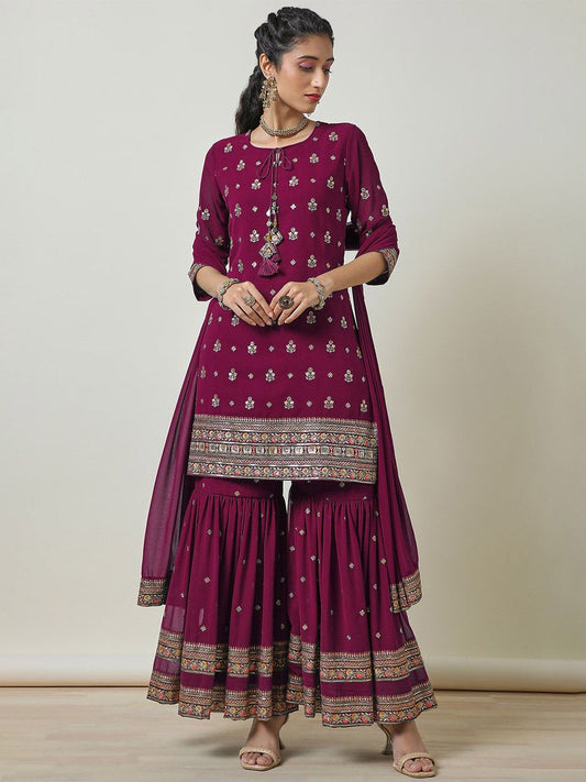 Dhiyona SO Women's Women Printed Regular Thread Work Kurta with Sharara & With Dupatta
