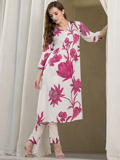 Women Floral Printed Regular A-Line Kurta with Trousers