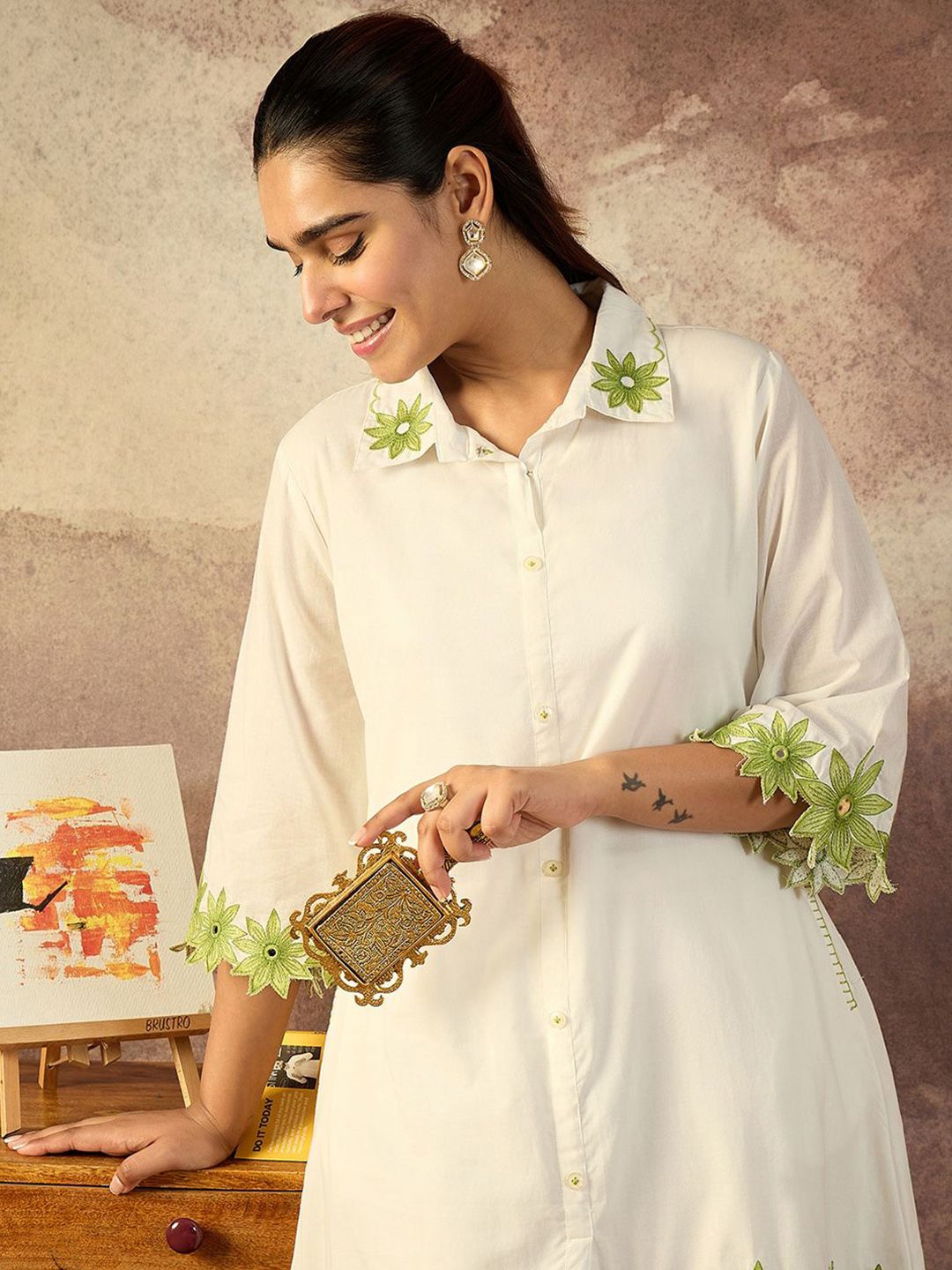 Dhiyona IE Embroidered A-Line Pure Cotton Tunic With Trousers