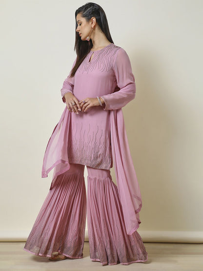Dhiyona SO Women's Embroidered Regular Beads and Stones Straight Kurti with Sharara & Dupatta