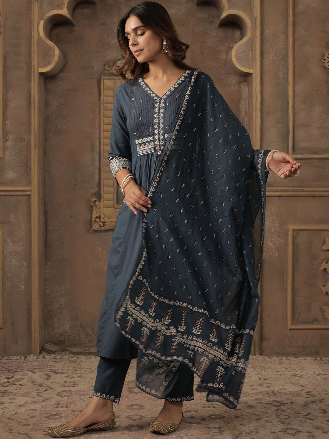 Women Ethnic Motifs Embroidered Cotton A-Line Kurta with Trousers & Dupatta
