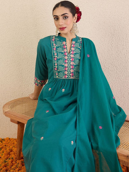 Women Ethnic Motifs Embroidered Cotton A-Line Kurta with Trousers & Dupatta
