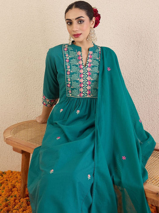 Women Ethnic Motifs Embroidered Cotton A-Line Kurta with Trousers & Dupatta