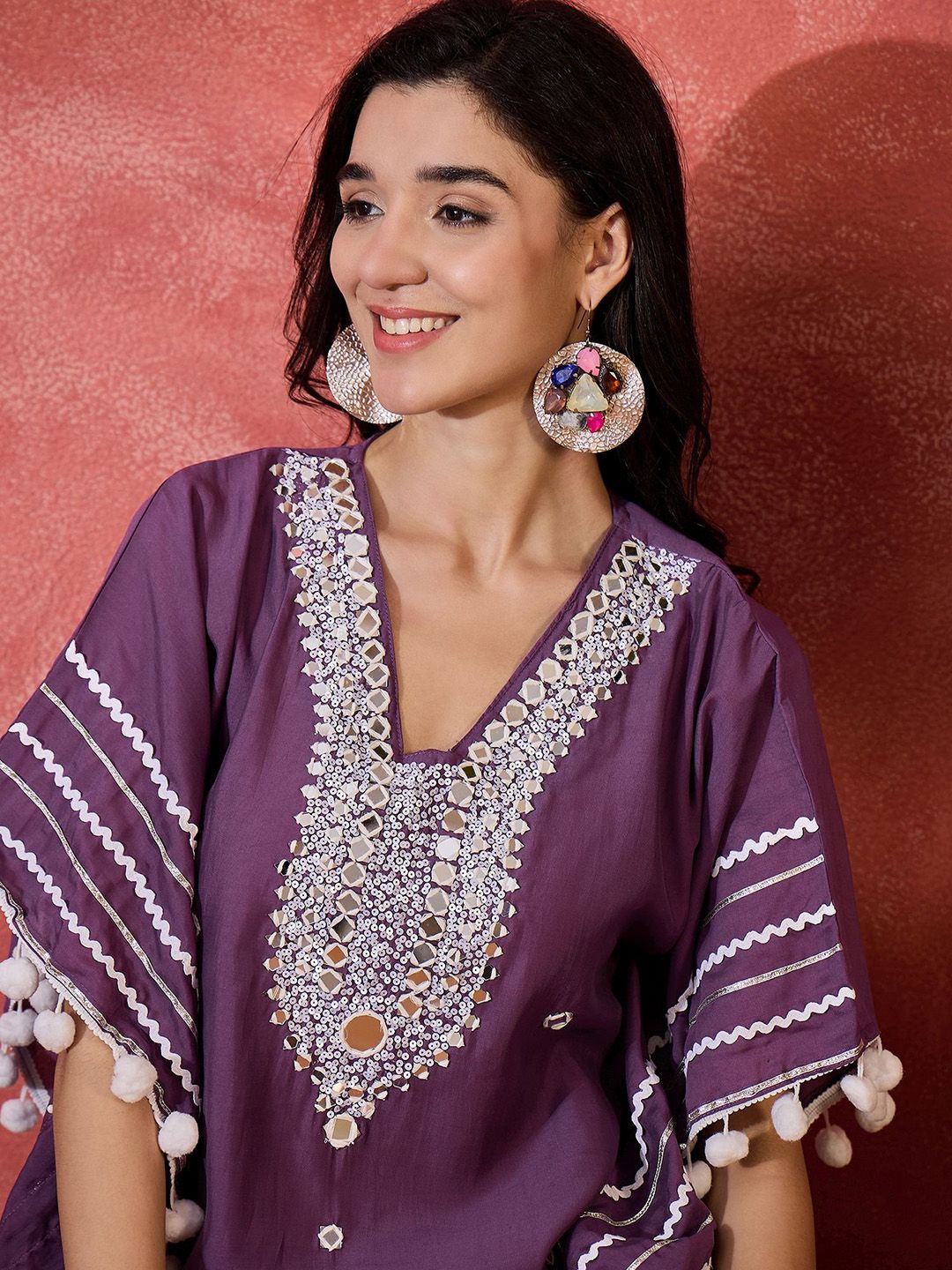 Dhiyona SN Women's Floral Embroidered Square Neck Mirror Work Kaftan Kurta With Trousers