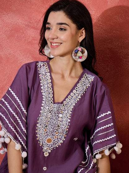 Dhiyona SN Women's Floral Embroidered Square Neck Mirror Work Kaftan Kurta With Trousers