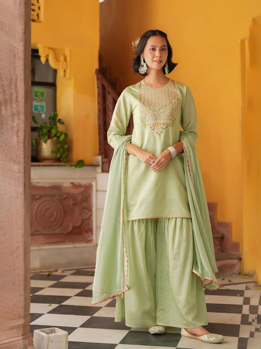 Dhiyona SC Floral Yoke Design Zari Chanderi Silk Straight Kurti With Sharara & Dupatta