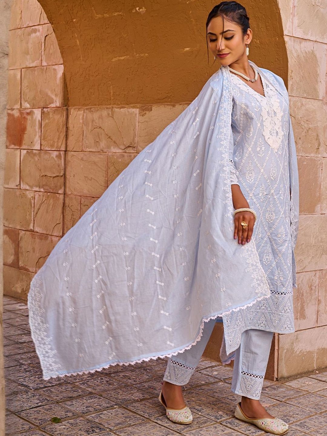 Women Ethnic Motifs Embroidered Cotton Kurta with Trousers & Dupatta