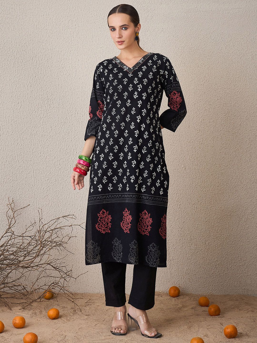 Dhiyona IE Floral Printed V-Neck Pure Cotton Straight Kurta With Trouser & Dupatta