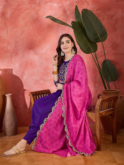Dhiyona SN Women's Zari Sequence Embroidered Straight Kurta With Trousers & Dupatta