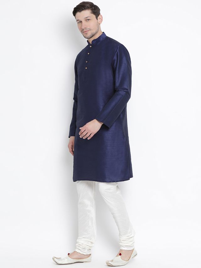 Men's Dark Blue Silk Blend Straight Kurta Pyjama Set