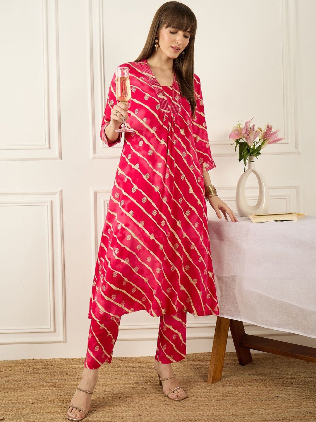 Dhiyona IE Floral Printed Thread Work Pure Cotton Kurta With Palazzos