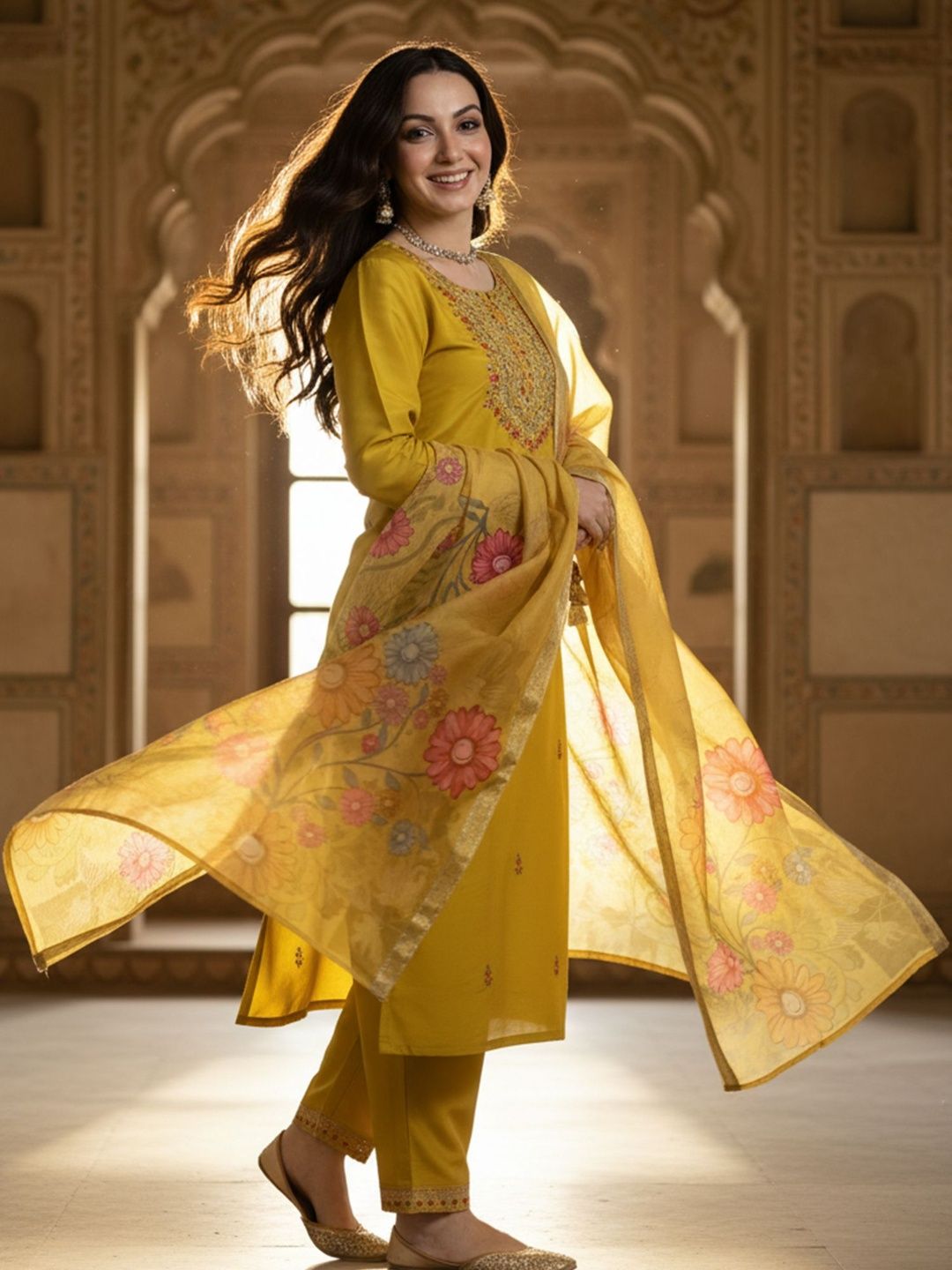 Floral Embroidered Thread Work Straight Kurta With Trousers & Dupatta