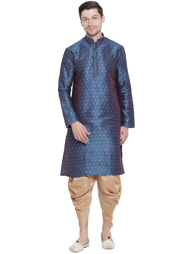 Men's Blue Silk Blend Straight Kurta and Dhoti Set