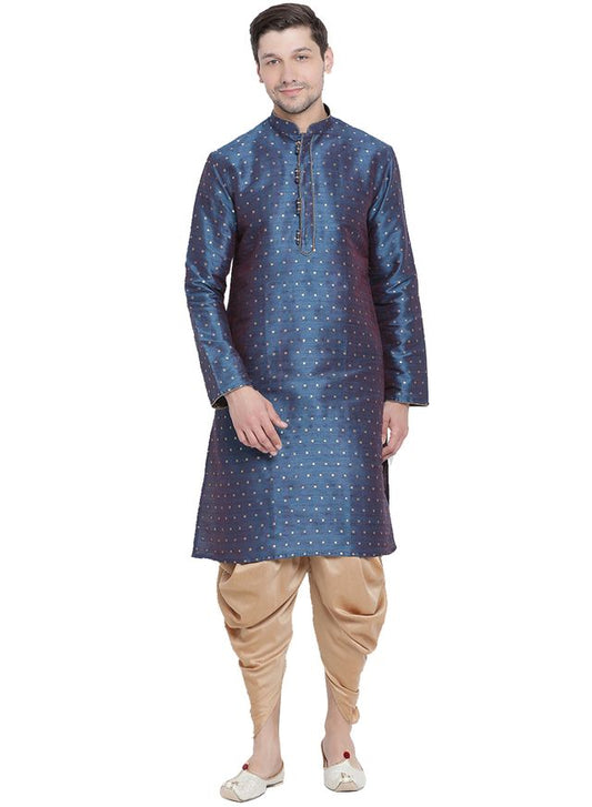 Men's Blue Silk Blend Straight Kurta and Dhoti Set