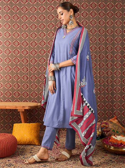 Ethnic Motifs Embroidered Sequinned Pure Cotton Kurta With Trousers & Dupatta