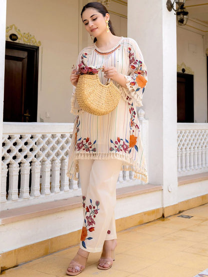 Dhiyona IE Floral Embroidered Round Neck A-Line Pure Cotton Kurta With Palazzos