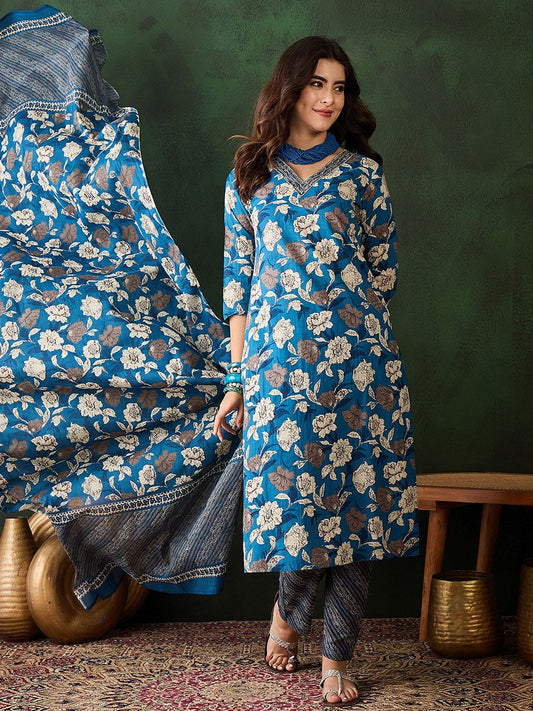 Dhiyona SN Women's Floral Printed Sequinned V-Neck Pure Cotton Straight Kurta & Trouser With Dupatta