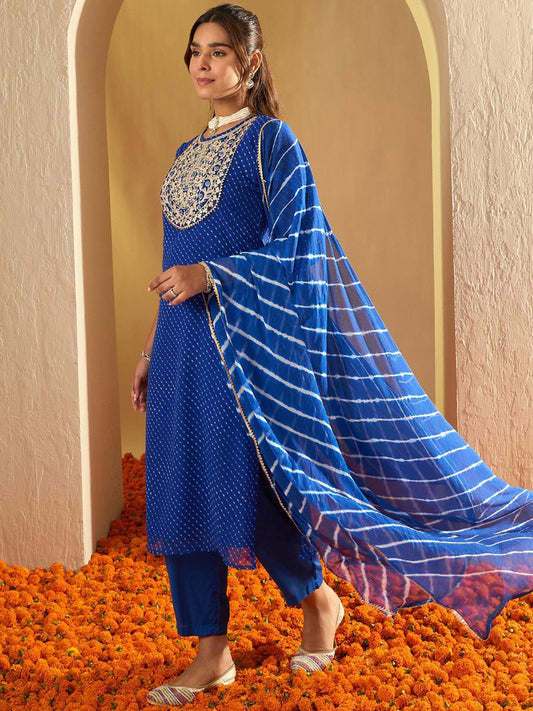 Dhiyona IE Leheriya Embroidered Georgette Straight Kurta With Trousers & Dupatta