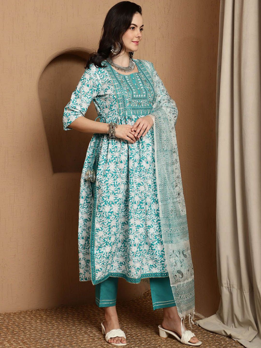 Dhiyona SN Women's Floral Printed Pure Cotton Anarkali Kurta & Trousers With Dupatta