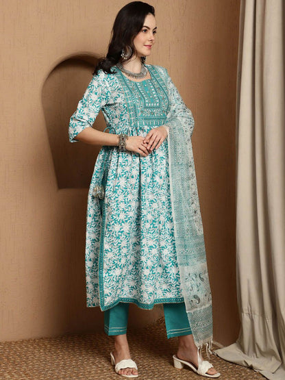Dhiyona SN Women's Floral Printed Pure Cotton Anarkali Kurta & Trousers With Dupatta