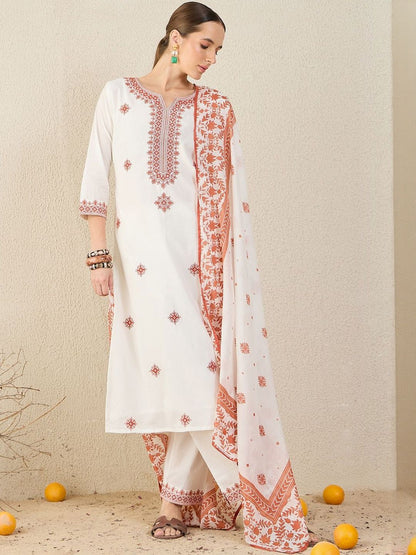 Women Floral Embroidered Cotton Kurta with Trousers & Dupatta