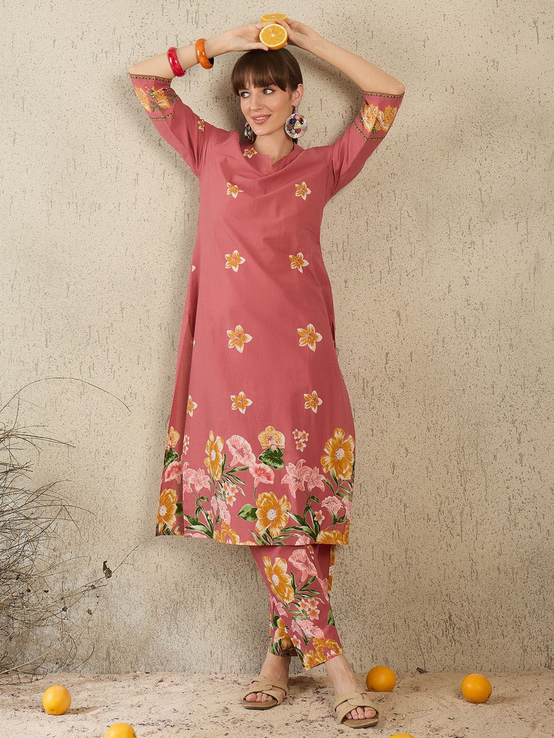 Dhiyona IE Women Printed Round Neck Cotton Top and Trousers Co-Ords