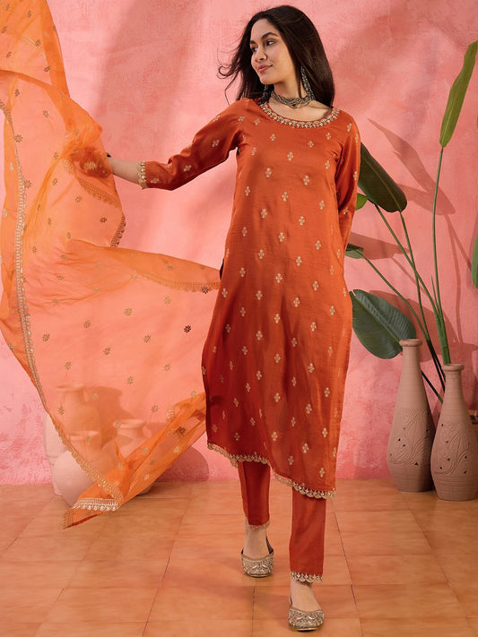 Dhiyona SN Women's Orange Ethnic Motifs Woven Design Sequinned Kurta With Trousers And Dupatta