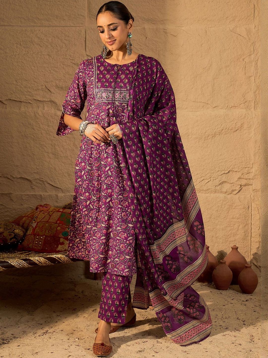 Dhiyona IE Floral Printed Kurta With Trouser & With Dupatta