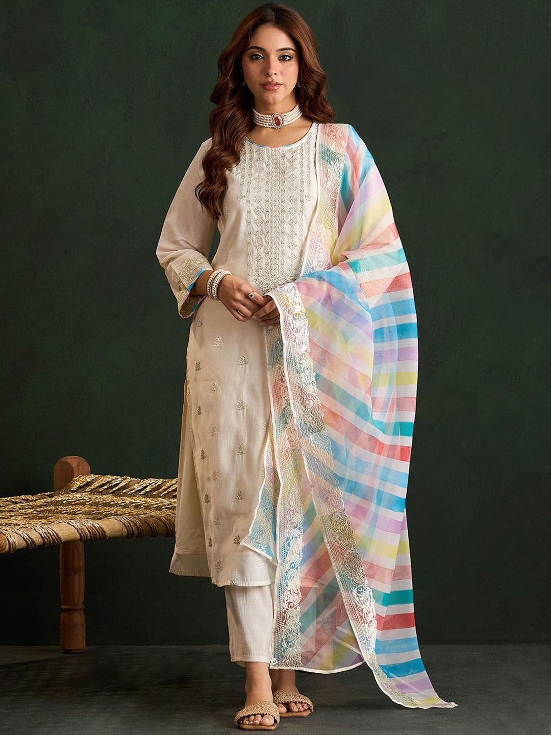 Dhiyona IE Cream Coloured Floral Embroidered Pure Cotton Kurta with Trousers & Dupatta