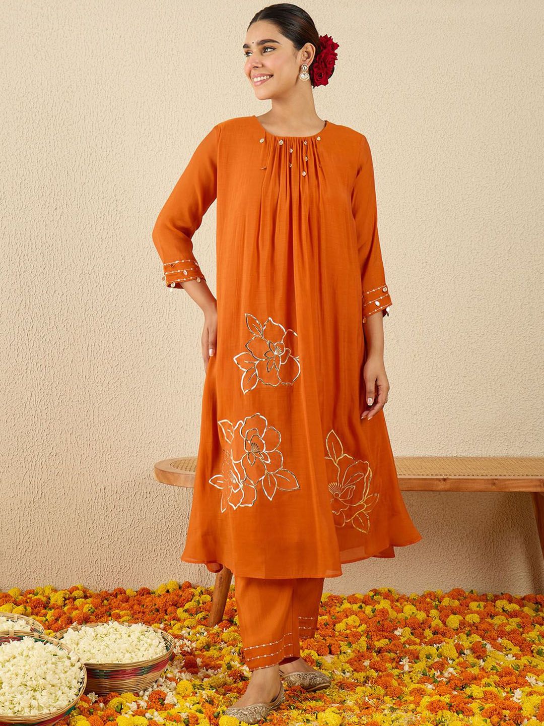 Dhiyona IE Floral Embroidered Round Neck A-Line Tunic With Trousers