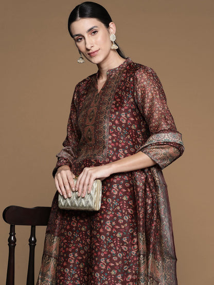 Dhiyona PD Women Floral Printed Mandarin Collar Chanderi Silk Kurta With Trouser & Dupatta