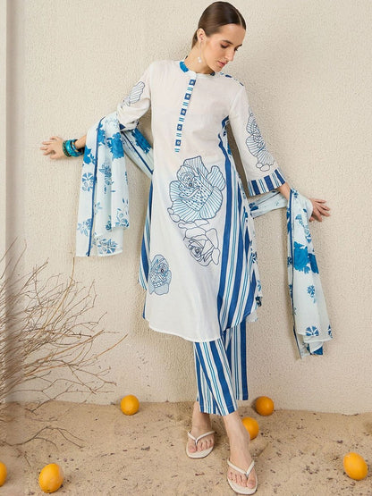 Women Floral Printed Cotton A-Line Kurta with Trousers & Dupatta