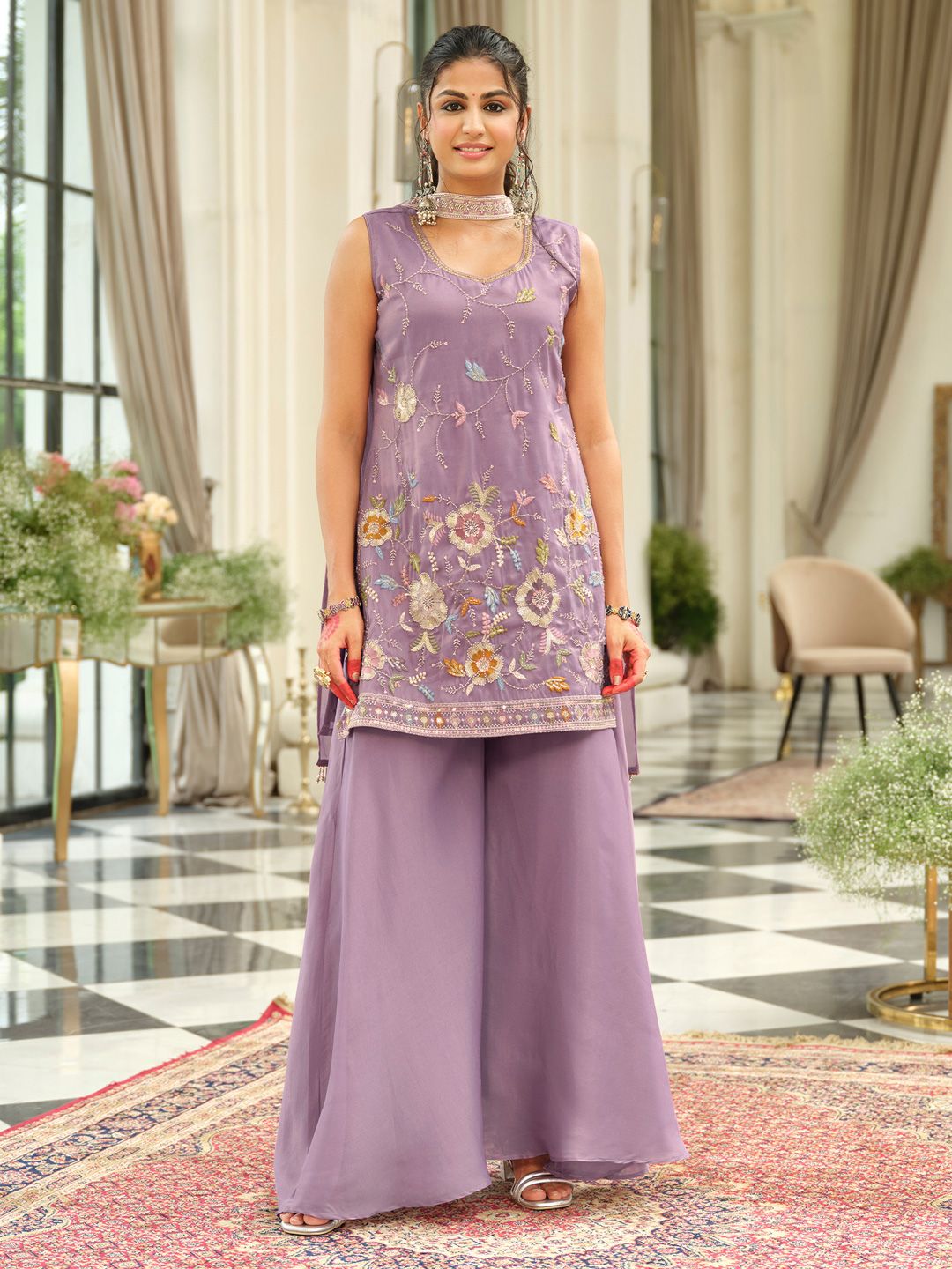 Dhiyona IE Women Floral Embroidered Kurta with Palazzos & Dupatta