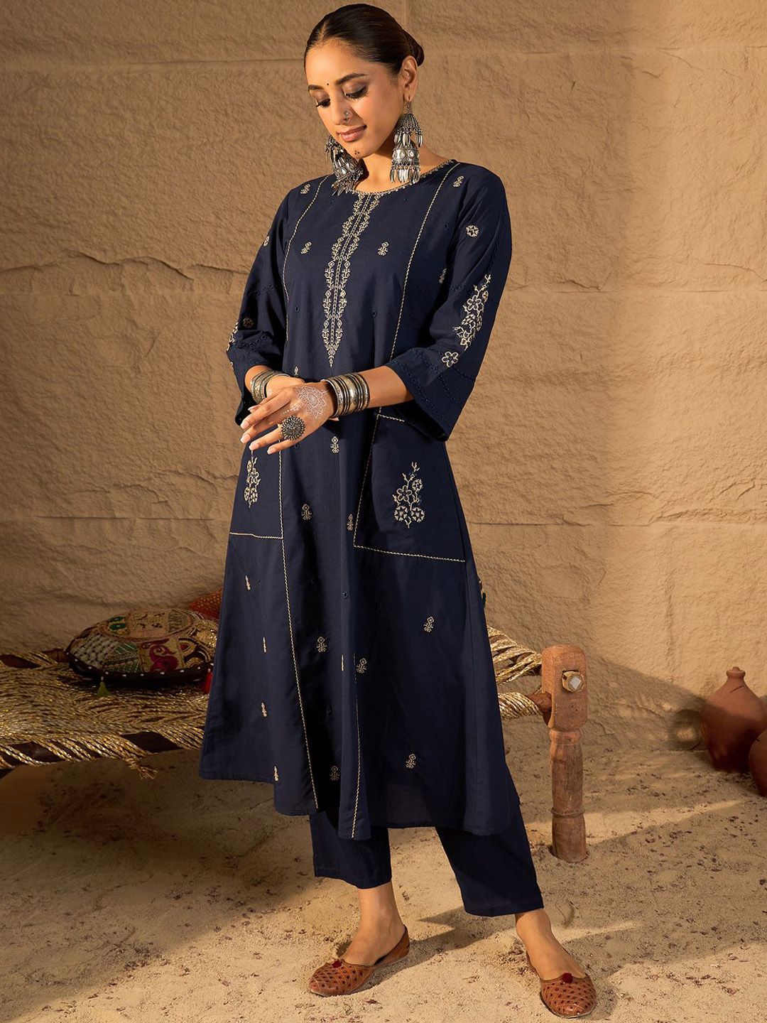 Women Ethnic Motifs Embroidered Pure Cotton A-Line Kurta with Trouser