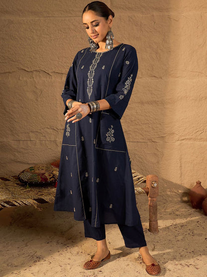 Women Ethnic Motifs Embroidered Pure Cotton A-Line Kurta with Trouser
