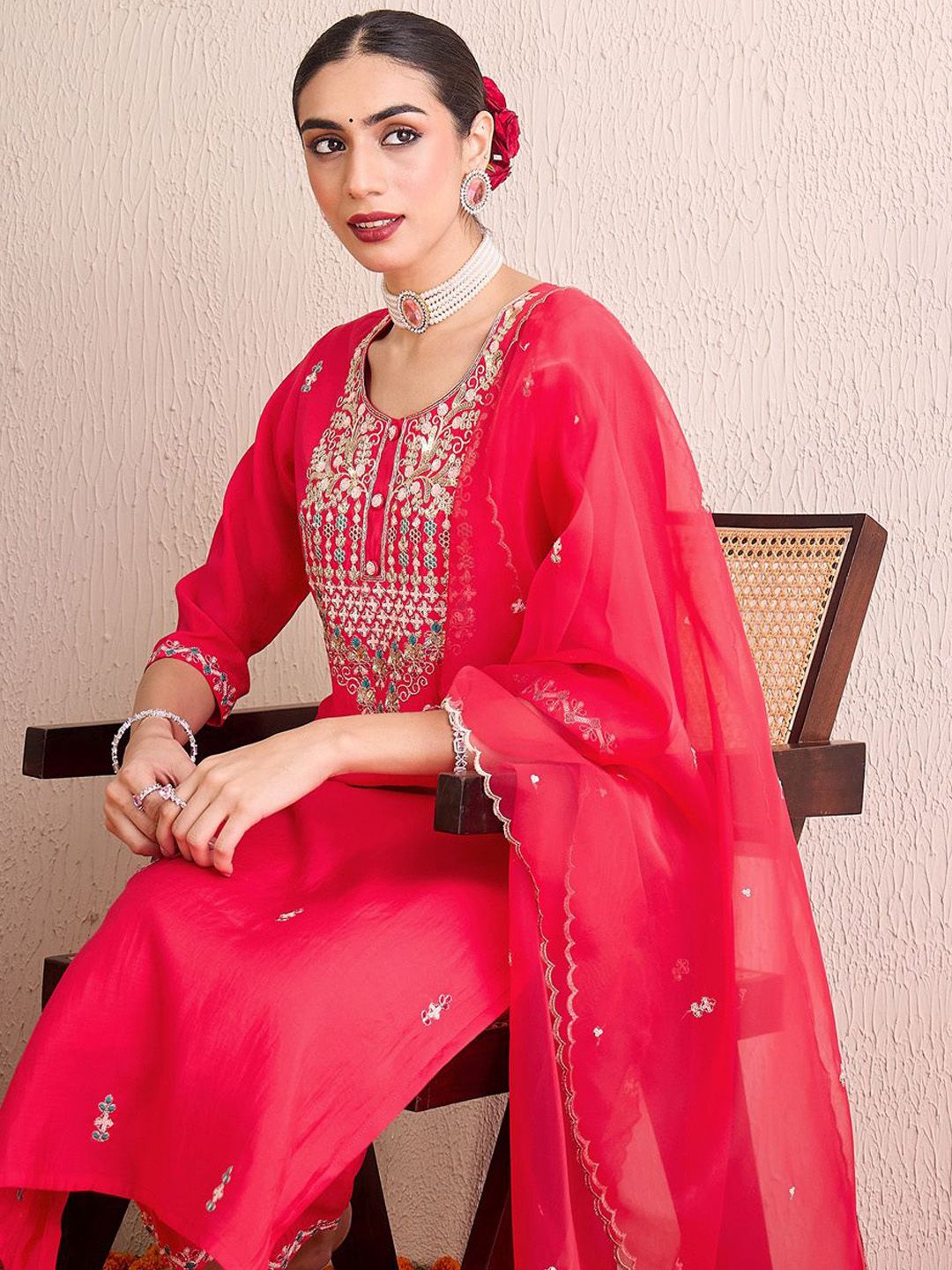 Women Embroidered Regular Sequinned Kurta with Trousers & With Dupatta