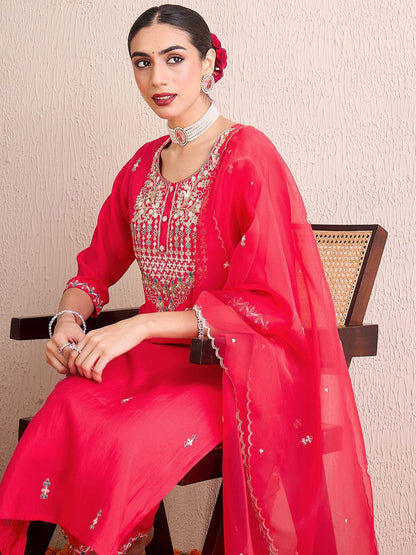 Women Embroidered Regular Sequinned Kurta with Trousers & With Dupatta