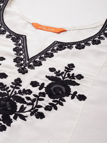 Dhiyona IE Floral Embroidered A-Line Thread Work Kurta with Trousers & Dupatta