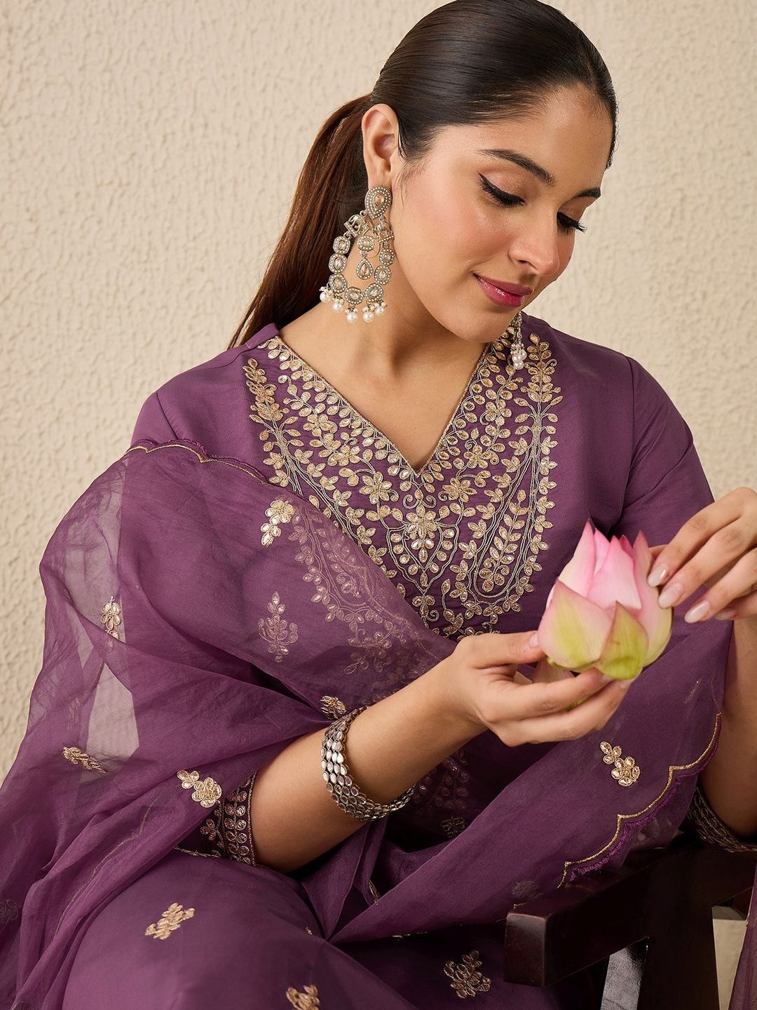 Women Embroidered Sequinned Regular Straight Kurta With Trousers & Dupatta